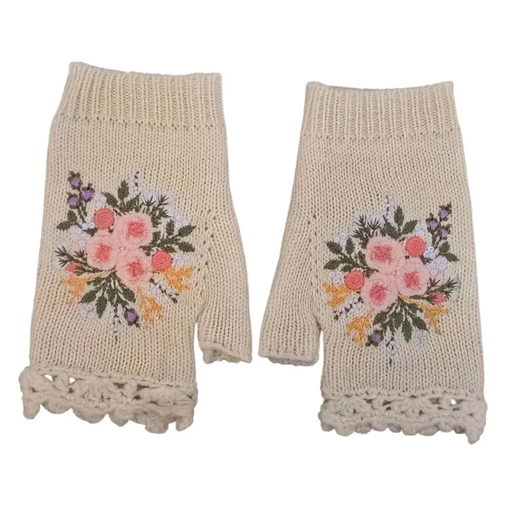 Cream Floral Embroidered Fingerless Gloves | Crochet Trim Wrist Warmers